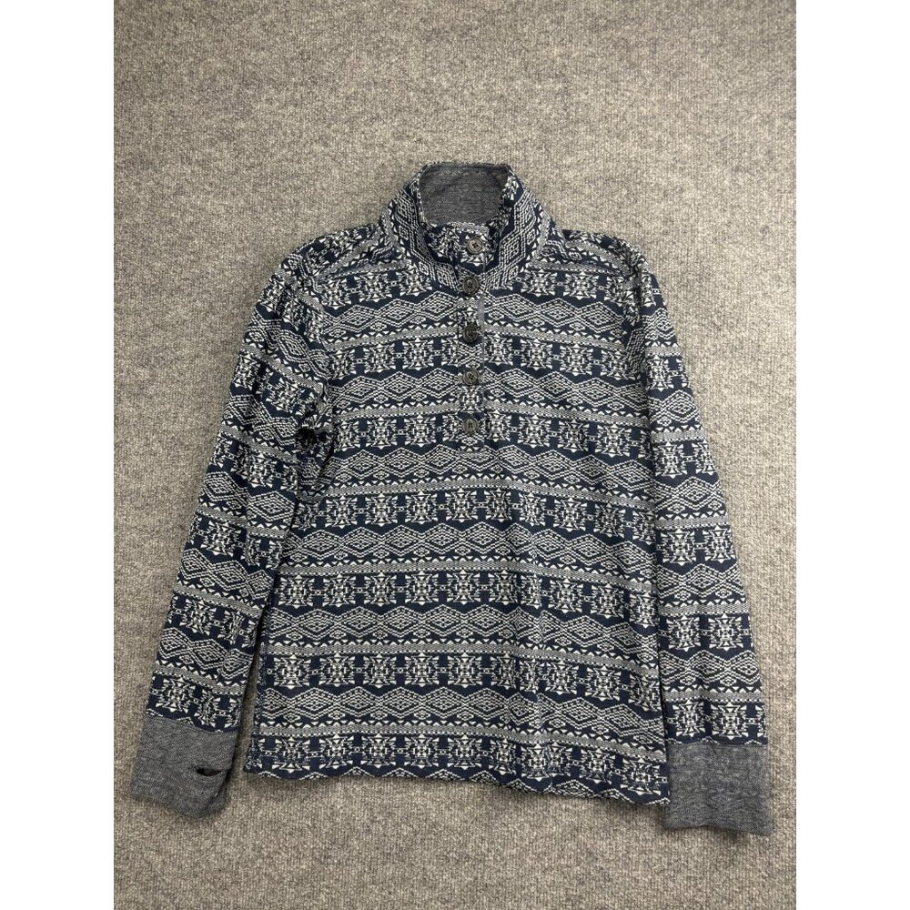 KAVU Sweater Womens Large Blue Fair Isle Mock Neck‎ Henley Long Sleeve Top